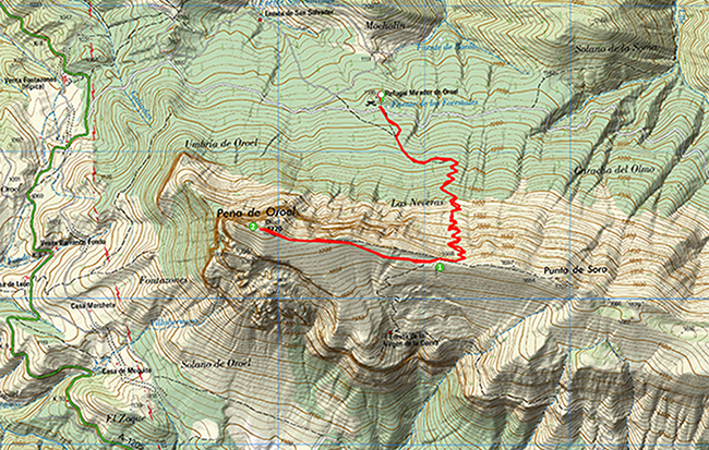 Mapa de la excursión a la Peña Oroel en el Espacio Protegido de San Juan de la Peña y Peña Oroel