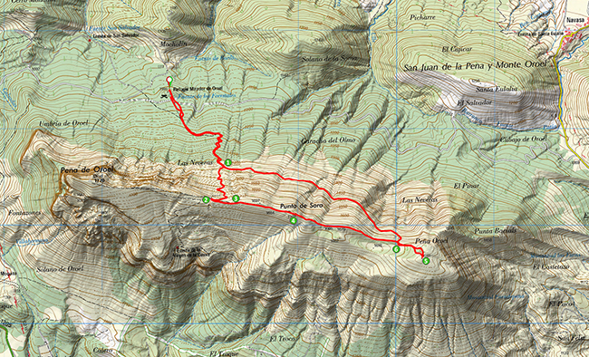 Mapa de la ascensióna la Punta Bacials en la Sierra de Oroel